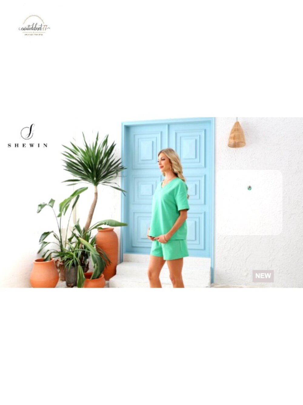 Women's V-Neck Short Sleeve Tee and Drawstring Shorts Set with Pockets - Picture 7 of 7